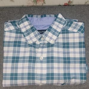 Nautica Men's Teal and White Plaid Shirt